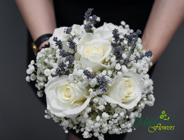 Bridal bouquet of white roses, gypsophila, and lavender (made to order, 10 days) photo